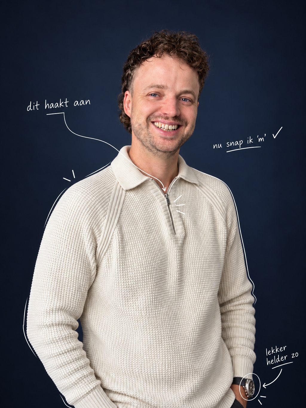 Dylan van den Bosch voor een donkerblauwe achtergrond, met handgeschreven notities eromheen: dit haakt aan, nu snap ik 'm, lekker helder zo.