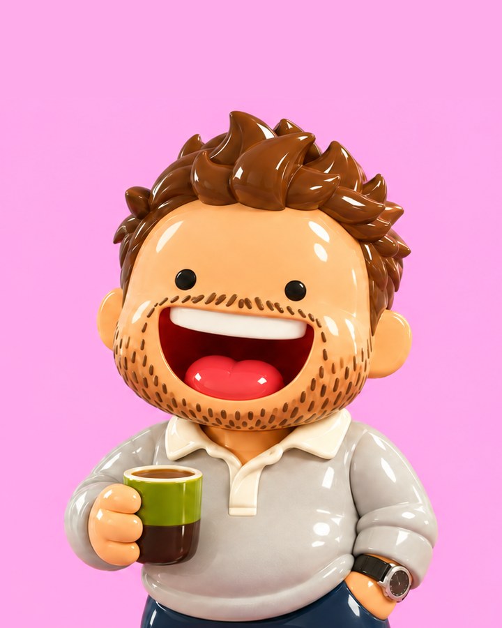 Een 3D-figuur van Dylan van den Bosch met een kop koffie, op een roze vlak.